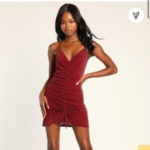 NWT Lulu’s Talk of the Party Burgundy Sparkly Ruched Bodycon Mini Dress